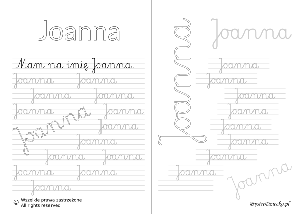 Karty pracy z imionami - nauka pisania imion dla dzieci - Joanna