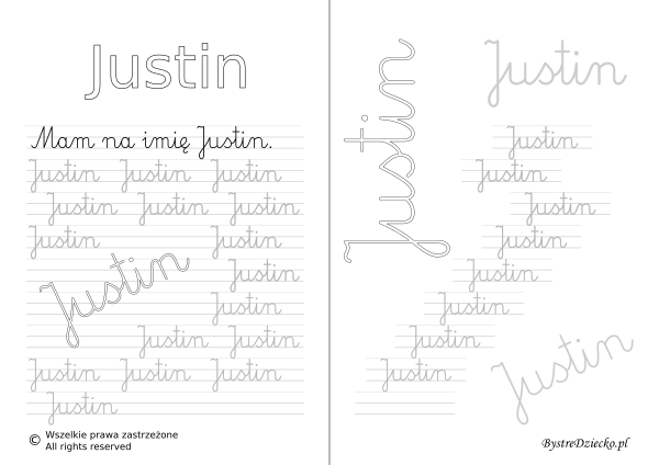 Karty pracy z imionami - nauka pisania imion dla dzieci - Justin