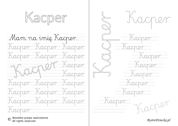 Karty pracy z imionami - nauka pisania imion dla dzieci - Kacper