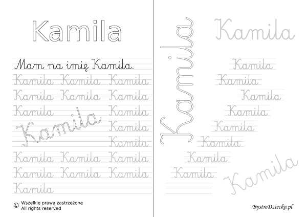 Karty pracy z imionami - nauka pisania imion dla dzieci - Kamila