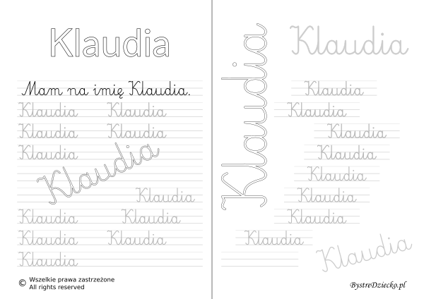 Karty pracy z imionami - nauka pisania imion dla dzieci - Klaudia