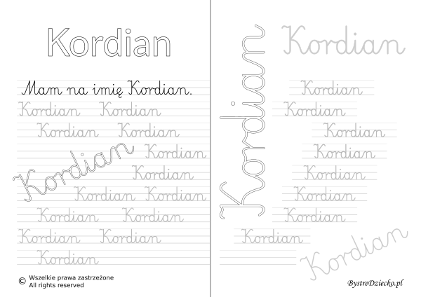 Karty pracy z imionami - nauka pisania imion dla dzieci - Kordian