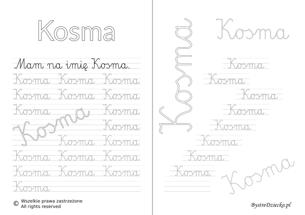 Karty pracy z imionami - nauka pisania imion dla dzieci - Kosma