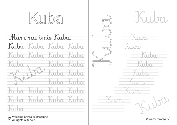 Karty pracy z imionami - nauka pisania imion dla dzieci - Kuba