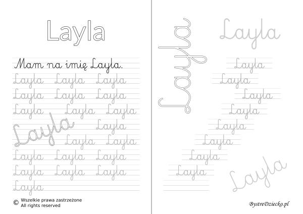 Karty pracy z imionami - nauka pisania imion dla dzieci - Layla