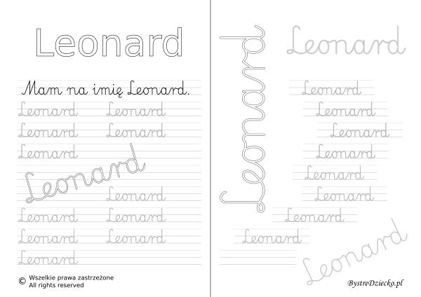 Karty pracy z imionami - nauka pisania imion dla dzieci - Leonard