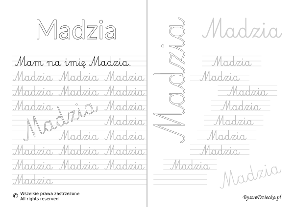 Karty pracy z imionami - nauka pisania imion dla dzieci - Madzia