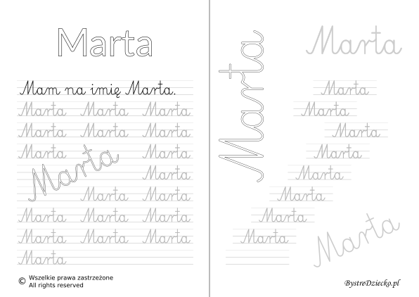 Karty pracy z imionami - nauka pisania imion dla dzieci - Marta