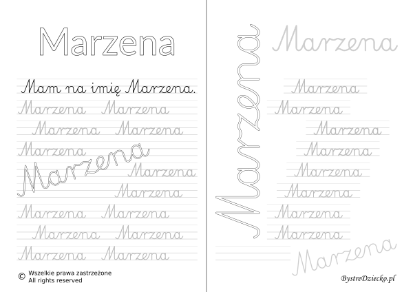 Karty pracy z imionami - nauka pisania imion dla dzieci - Marzena