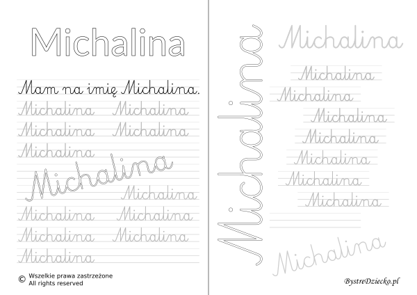 Karty pracy z imionami - nauka pisania imion dla dzieci - Michalina