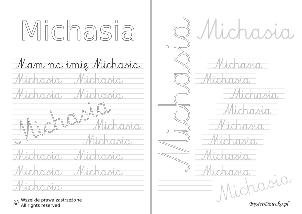 Karty pracy z imionami - nauka pisania imion dla dzieci - Michasia