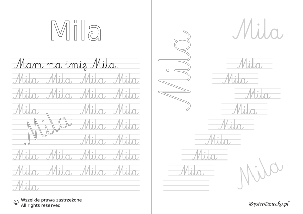 Karty pracy z imionami - nauka pisania imion dla dzieci - Mila