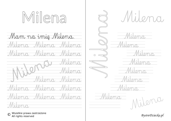 Karty pracy z imionami - nauka pisania imion dla dzieci - Milena