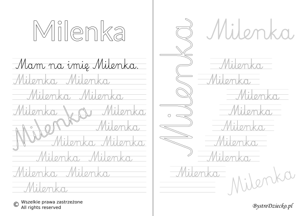 Karty pracy z imionami - nauka pisania imion dla dzieci - Milenka