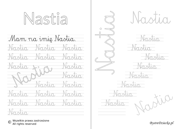 Karty pracy z imionami - nauka pisania imion dla dzieci - Nastia
