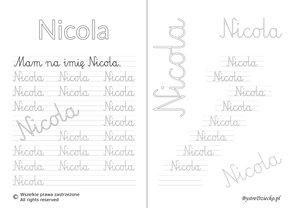 Karty pracy z imionami - nauka pisania imion dla dzieci - Nicola
