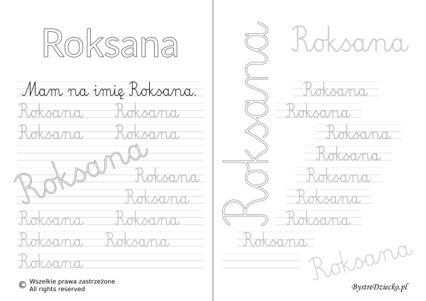 Karty pracy z imionami - nauka pisania imion dla dzieci - Roksana