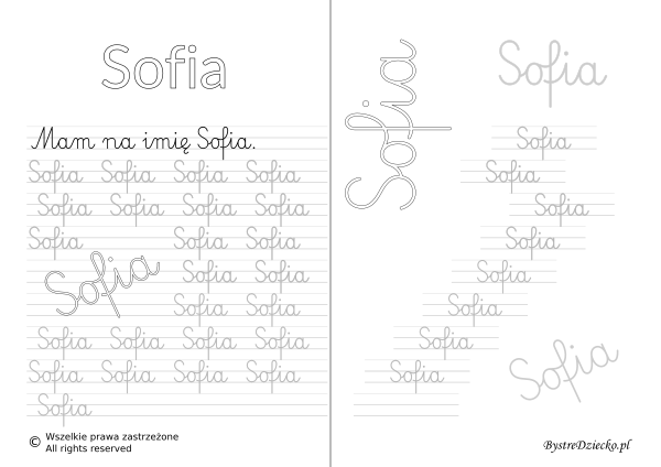Karty pracy z imionami - nauka pisania imion dla dzieci - Sofia