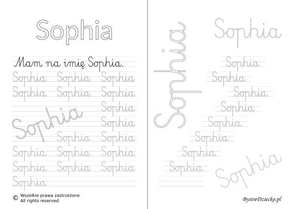 Karty pracy z imionami - nauka pisania imion dla dzieci - Sophia