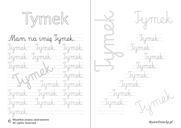 Karty pracy z imionami - nauka pisania imion dla dzieci - Tymek