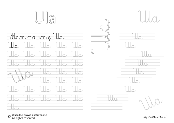 Karty pracy z imionami - nauka pisania imion dla dzieci - Ula