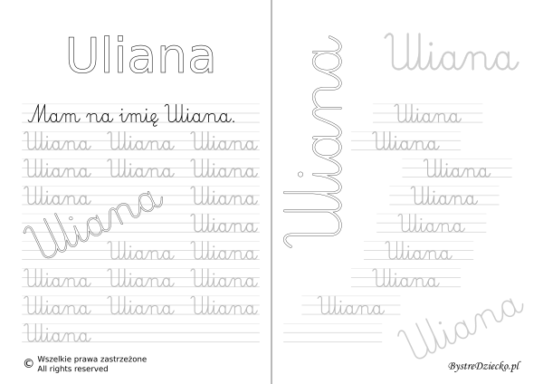 Karty pracy z imionami - nauka pisania imion dla dzieci - Uliana