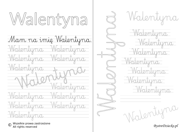 Karty pracy z imionami - nauka pisania imion dla dzieci - Walentyna