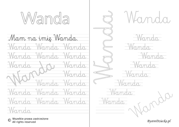 Karty pracy z imionami - nauka pisania imion dla dzieci - Wanda