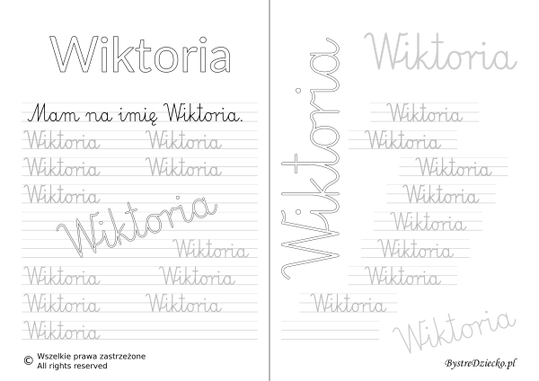 Karty pracy z imionami - nauka pisania imion dla dzieci - Wiktoria