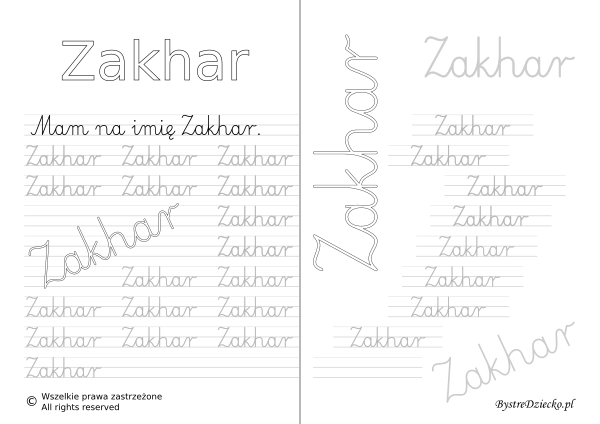 Karty pracy z imionami - nauka pisania imion dla dzieci - Zakhar
