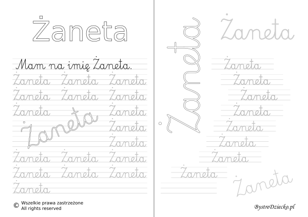 Karty pracy z imionami - nauka pisania imion dla dzieci - Żaneta