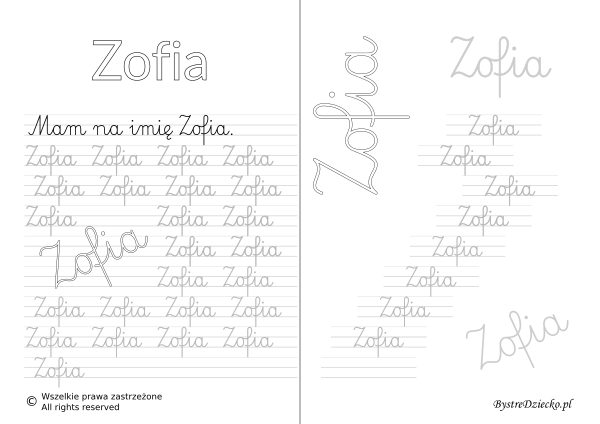 Karty pracy z imionami - nauka pisania imion dla dzieci - Zofia