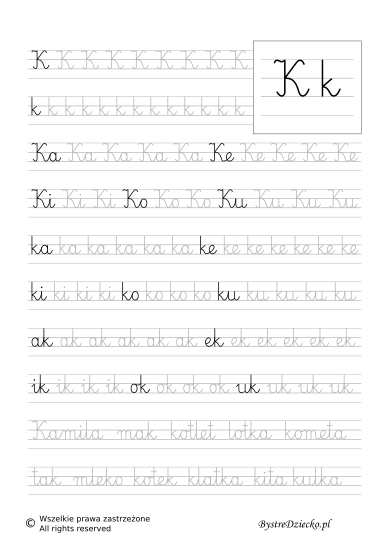 K - nauka pisania sylabami - karty pracy dla dzieci do druku