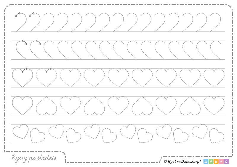Walentynkowe serca - duże szlaczki dla przedszkolaków do druku jako wstęp do nauki pisania, grafomotoryka dla dzieci
