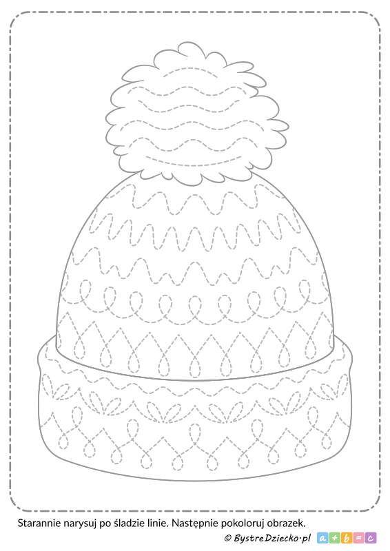 Zimowa czapka z pomponem jako ćwiczenie grafomotoryczne do rysowania po śladzie szlaczków dla dzieci