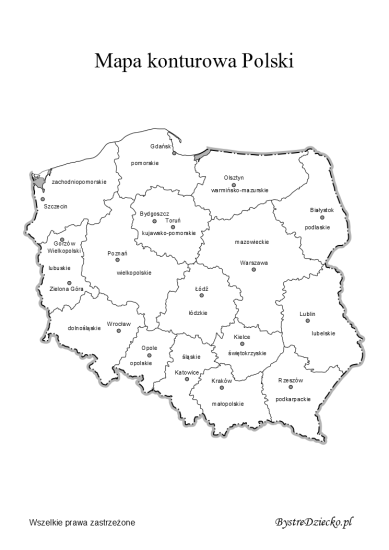 Mapa konturowa Polski z podziałem na województwa do wydrukowania