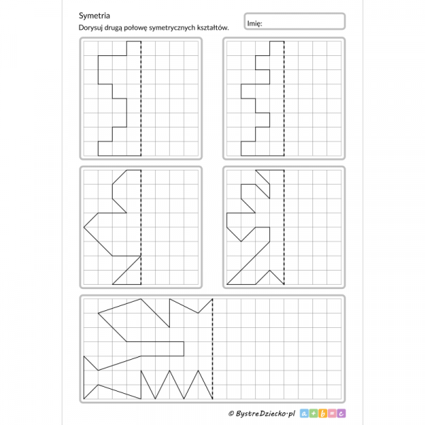 Symetria - dorysuj figury symetryczne w oparciu o oś symetrii, karty pracy dla dzieci do druku