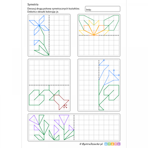 Symetria - narysuj rysunki symetryczne w oparciu o oś symetrii, karty pracy dla dzieci do druku