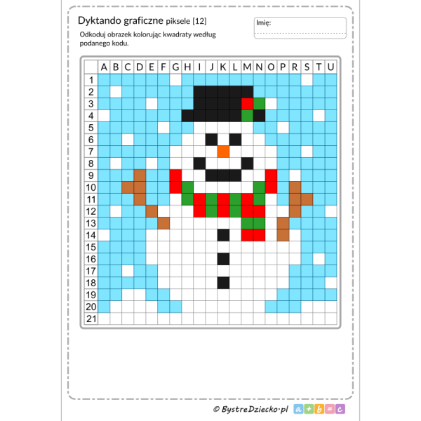 Śnieżny bałwan jako dyktando graficzne, piksele, nauka kodowania i programowanie dla dzieci - karty pracy do wydruku na zimę