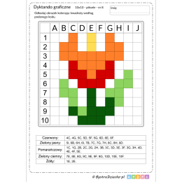 Dyktando graficzne z kwiatami, tulipan, piksele, nauka kodowania i programowanie dla dzieci - karty pracy do wydruku
