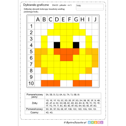 Dyktando graficzne z pisklakiem, pisklaczek na Wielkanoc, piksele, nauka kodowania i programowanie dla dzieci - karty pracy do wydruku