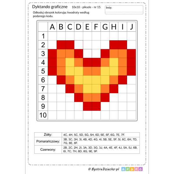 Dyktando graficzne - serce na Walentynki, piksele, nauka kodowania i programowanie dla dzieci - karty pracy do wydruku