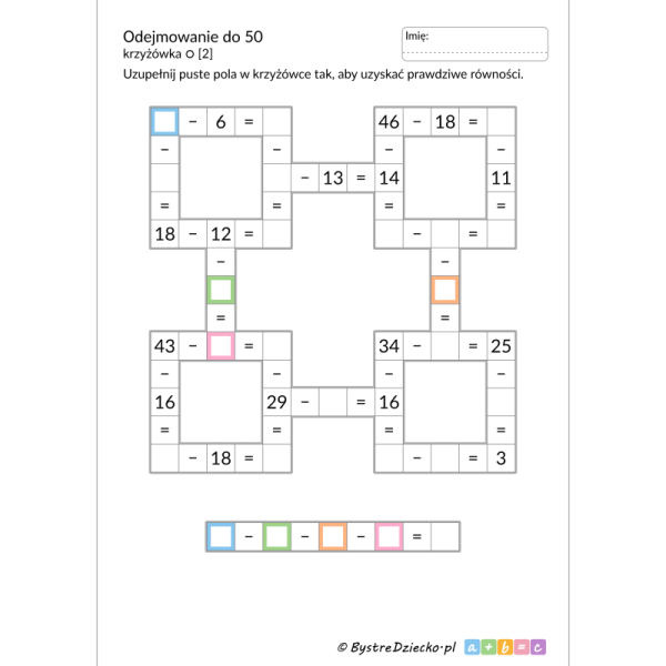 Odejmowanie do 50 - krzyżówka matematyczna zadanie - karty pracy dla dzieci do druku