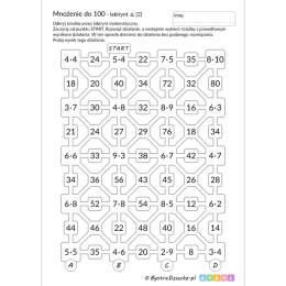 Labirynt matematyczny przez mnożenie do 100 do druku z odpowiedziami - matematyka klasa 2 i klasa 3, karty pracy dla dzieci
