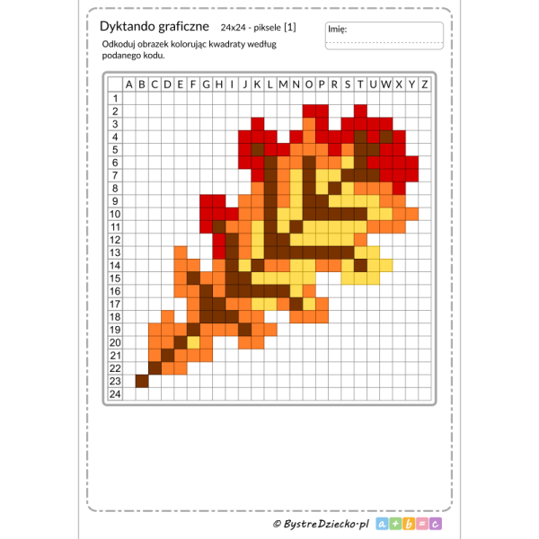 Jesienne dyktando graficzne, kolorowy jesienny liść dębu, piksele, nauka kodowania i programowanie dla dzieci - karty pracy do wydruku