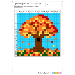 Jesienne dyktando graficzne, kolorowe jesienne drzewo z opadającymi liśćmi, piksele, nauka kodowania i programowanie dla dzieci - karty pracy do wydruku