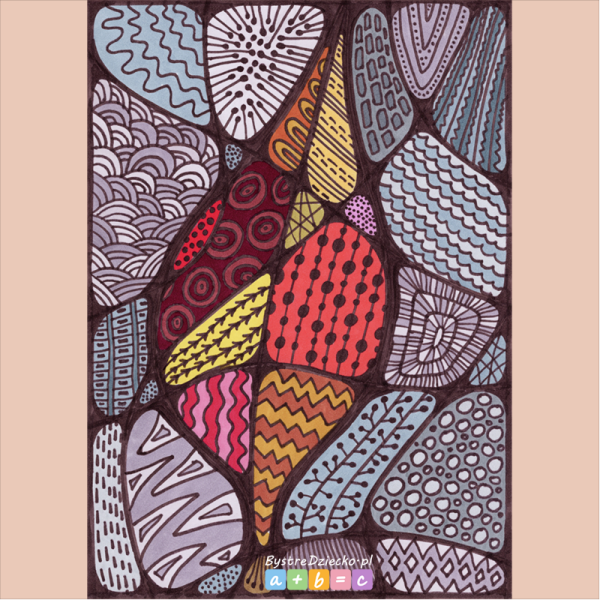 Jesienny liść w stylu doodle art, ręcznie rysowana kolorowanka flamastrami - pomysły na zajęcia plastyczne dla dzieci i kolorowanki antystresowe