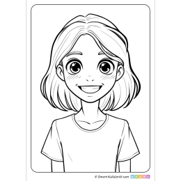 Uśmiechnięta dziewczynka kolorowanka w stylu cartoon, jako zdjęcie portretowe, kolorowanki do druku dla dzieci i przedszkolaków