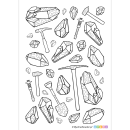 Minerały, sprzęt geologiczny i kryształy, kolorowanki antystresowe dla dorosłych i młodzieży w stylu doodle