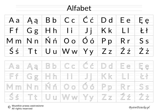 Abecadło, alfabet - nauka czytania dla dzieci, litery do pisania po śladzie